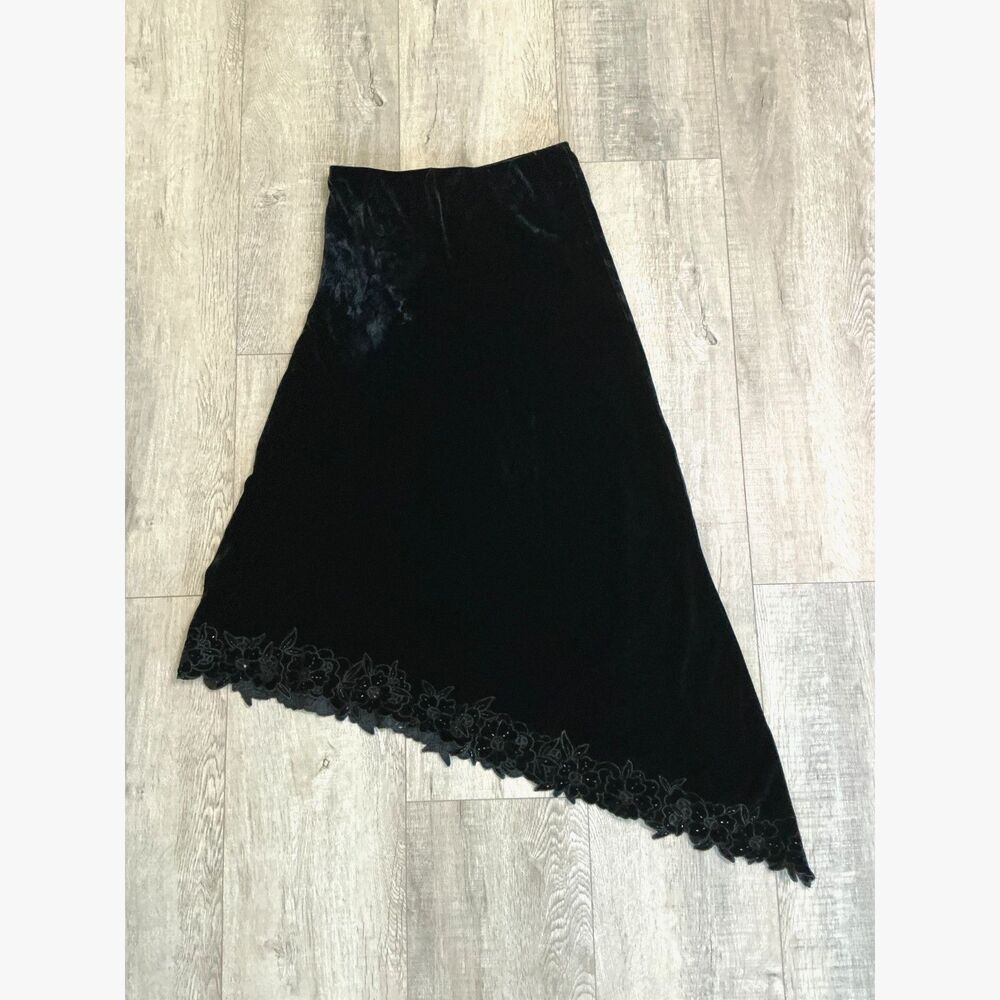Silkland Blue Silk Velvet Maxi Skirt 6 Floral Beaded Asymmetrical Y2K